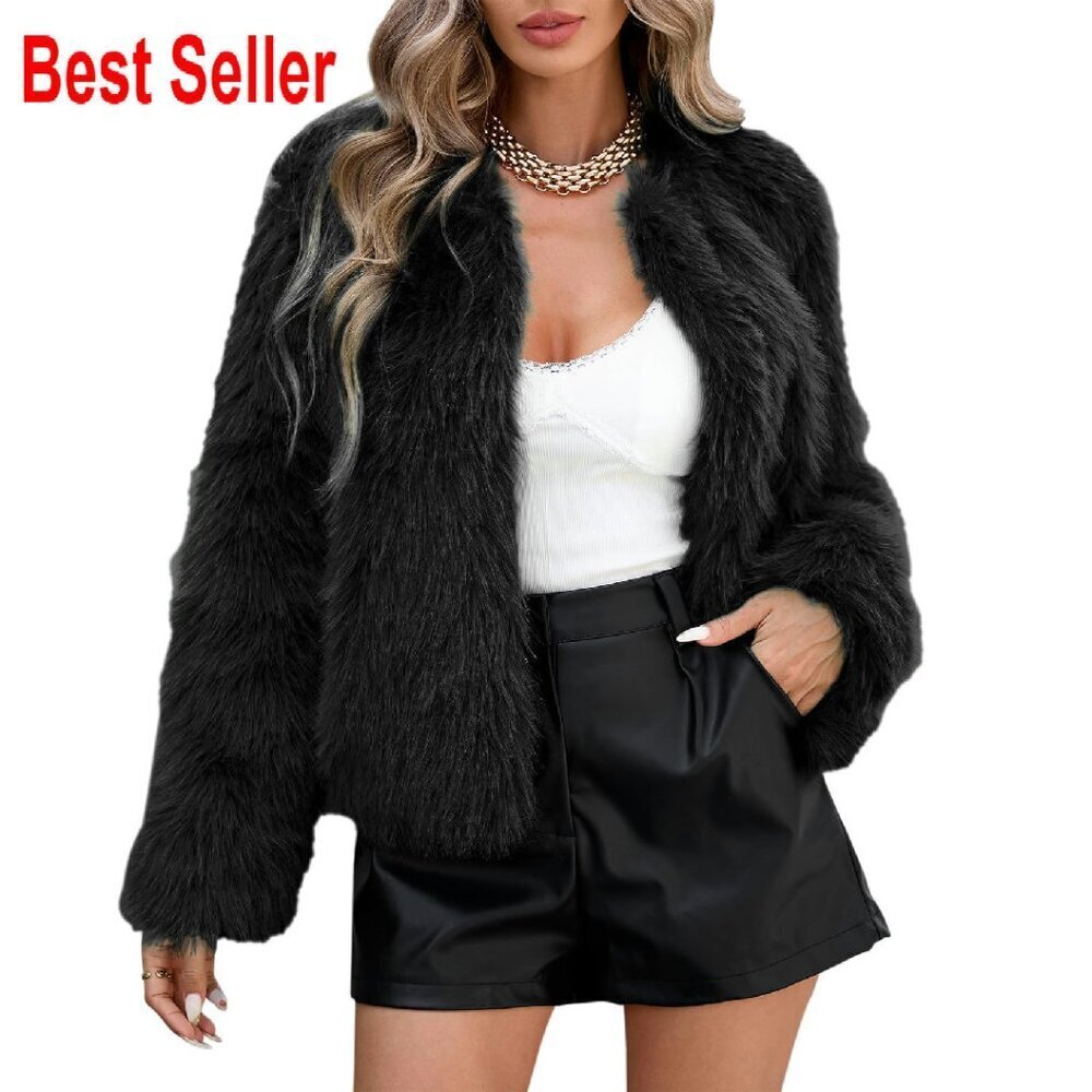 Cropped Faux Fur Jacket Women Shaggy Warm Winter Coats Long Sleeve Pockets